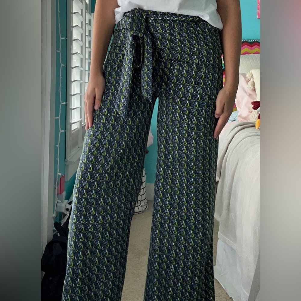 Ciebon Green and Blue Patterned Tie Waist Pants M